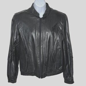 Vintage Bermans Leather Jacket Womens 14 Black Bomber Zip Elastic Hem 80s